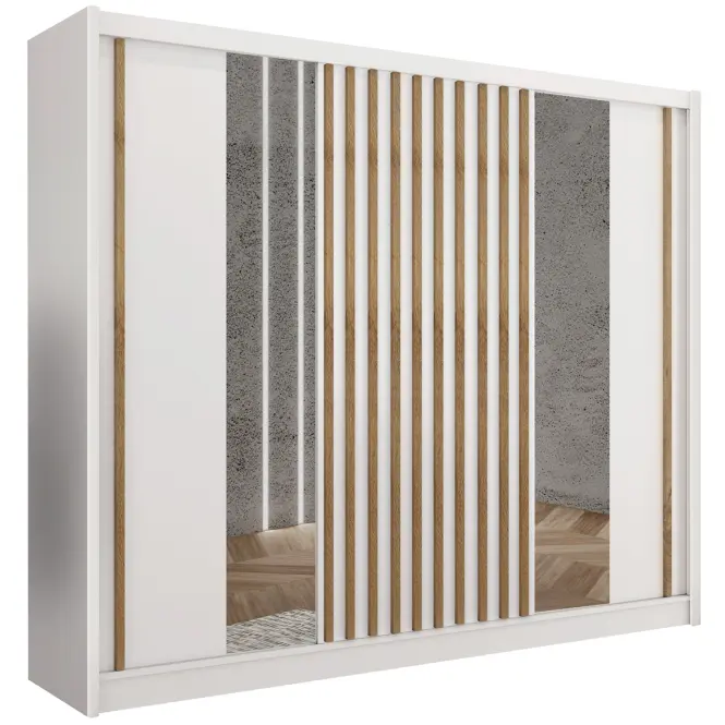 Skriňa s posuvnými dverami Ladder 250 cm so zrkadlom - biela/dub craft, lamely, trojdverová