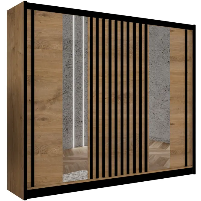 Skriňa s posuvnými dverami Ladder 250 cm so zrkadlom - dub craft/čierna, lamely, trojdverová