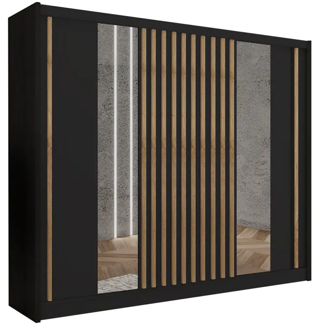 Skriňa s posuvnými dverami Ladder 250 cm so zrkadlom - čierna/dub craft, lamely, trojdverová