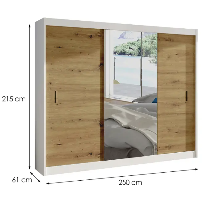Skriňa s posuvnými dverami Art 250 cm so zrkadlom - biela/artisan, trojdverová