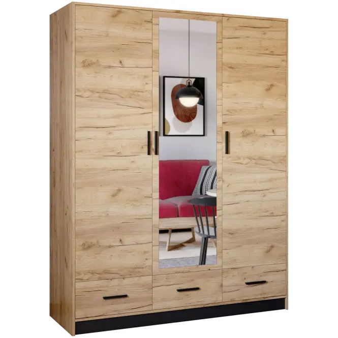 Skriňa Sophie 150 cm so zrkadlom – craft/čierna, trojdverová, zásuvky