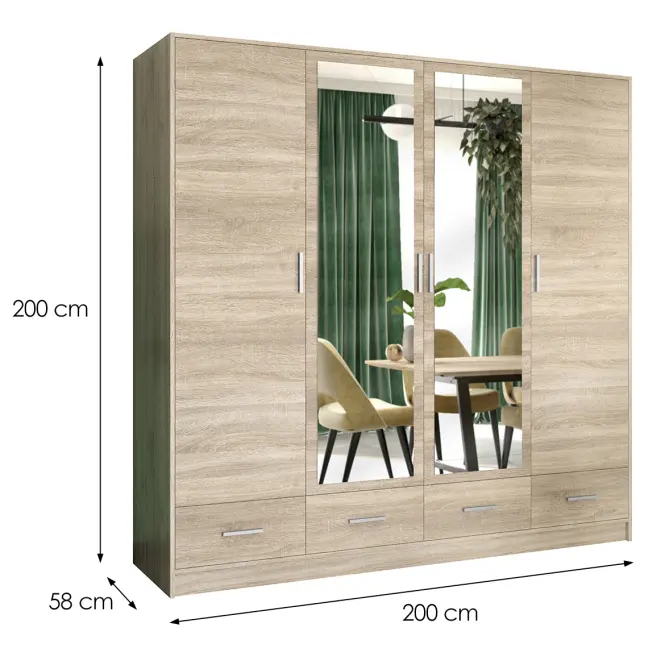 Skriňa Sophie 200 cm so zrkadlom – sonoma, štvordverová, zásuvky,2