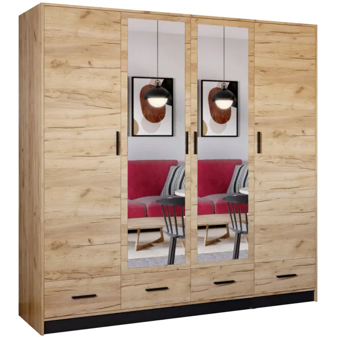 Skriňa Sophie 200 cm so zrkadlom – craft/čierna, štvordverová, zásuvky