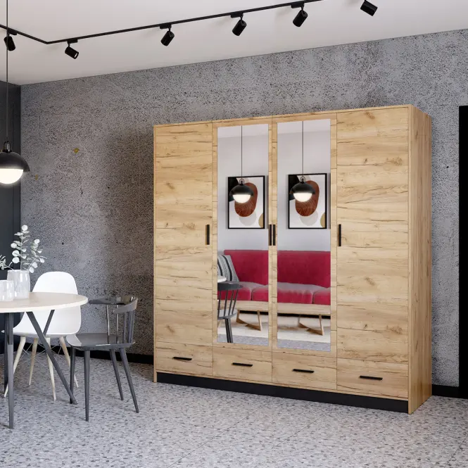 Skriňa Sophie 200 cm so zrkadlom – craft/čierna, štvordverová, zásuvky,5