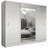 Skriňa s posuvnými dverami Blanca 250 cm so zrkadlom - biela/biela lesk, trojdverová