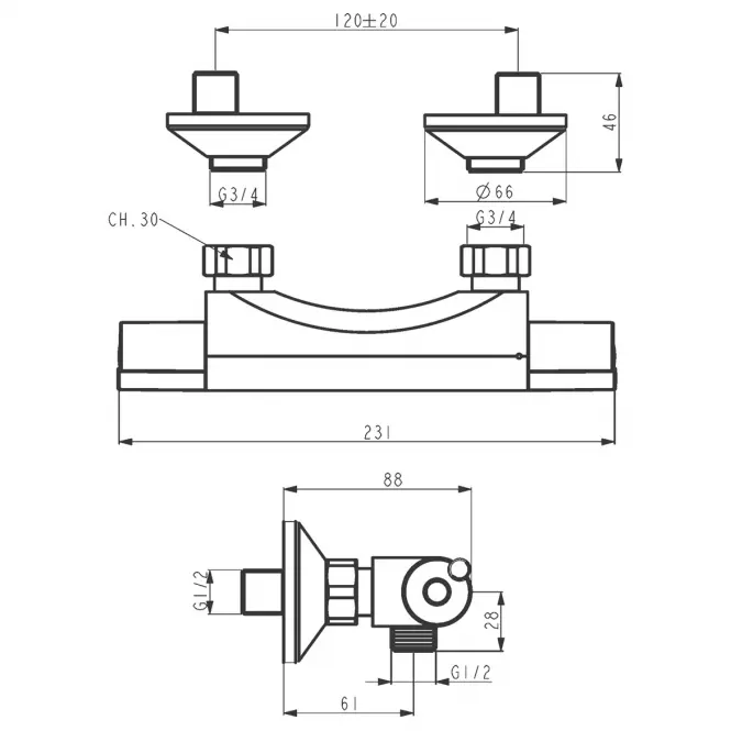 Aqualight sprchová batéria termostatická 120 2564/1,2