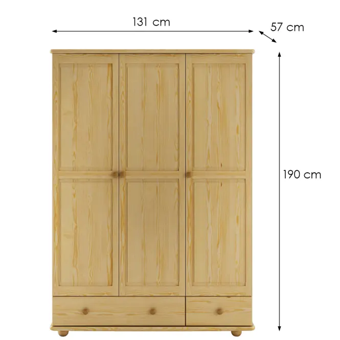 Borovicová skriňa SF121 131 cm – trojdverová, zásuvky