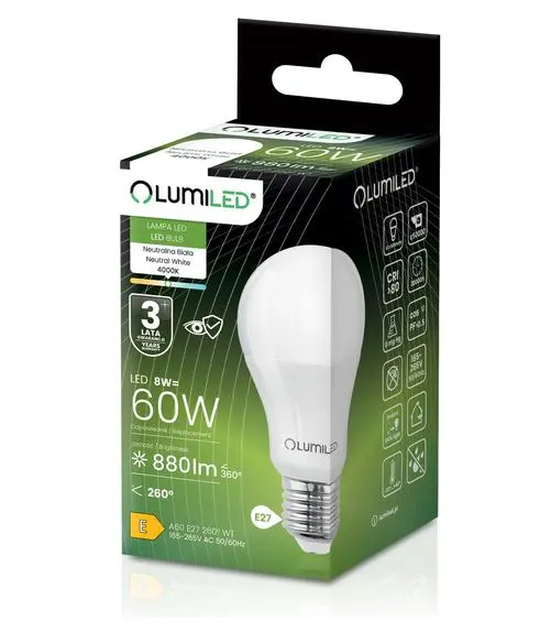 Žiarovka Lumiled A60 8W 840 E27 4000K,6