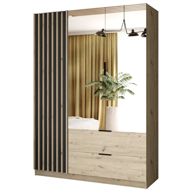 Skriňa Vegas 150 cm so zrkadlom – artisan/grafit, trojdverová, zásuvky