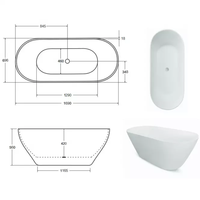 Voľne stojaca vaňa Moya 170/70 sifón klik-klak chróm,4
