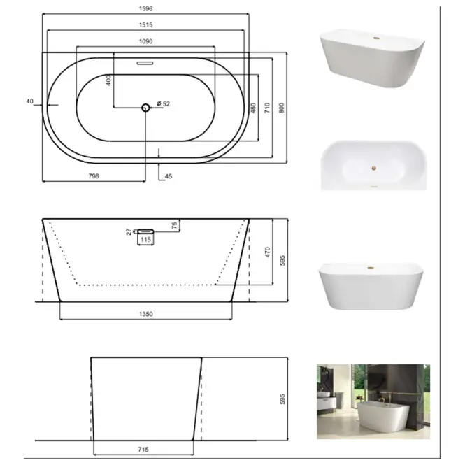 Voľne stojaca vaňa nástenná Vica New 160/80 + sifón klik-klak čistený z hora s prepadom štrbinovým slim čierny,5