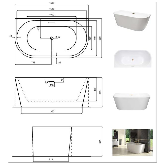 Voľne stojaca vaňa prístenná Vica New 160/80 + sifón klik-klak čistený z hora s prepadom štrbinovým slim zlatý