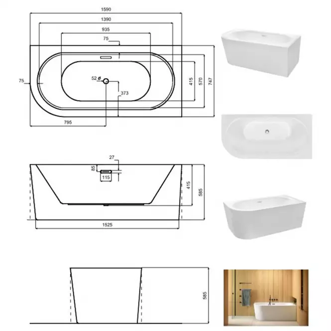 Voľne stojaca vaňa nástenná Avita A-Line 160P + sifón klik-klak chróm