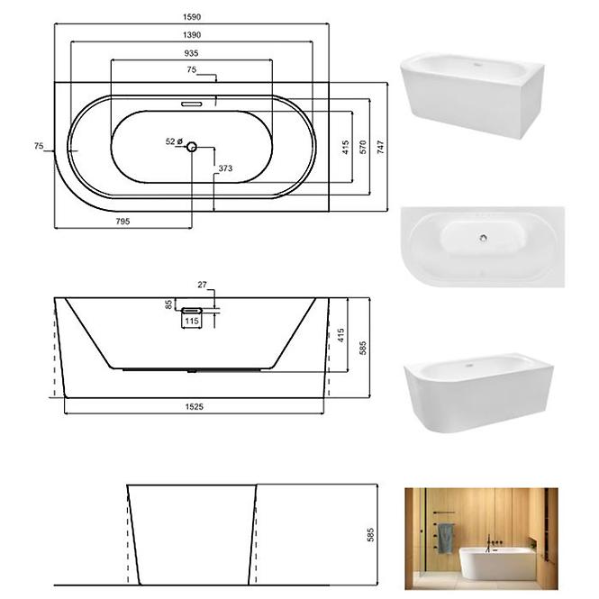 Voľne stojaca vaňa nástenná Avita A-Line 160P + sifón klik-klak chróm