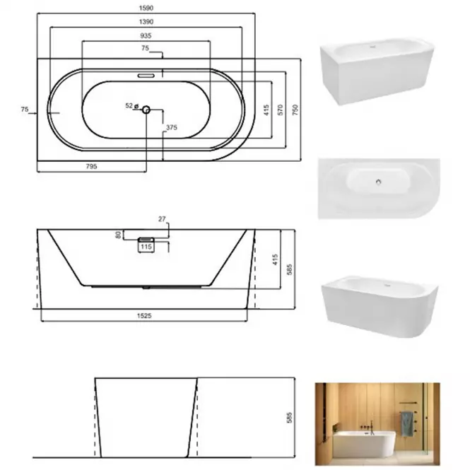 Voľne stojaca vaňa prístenná Avita A-Line 160L + sifón klik-klak chróm