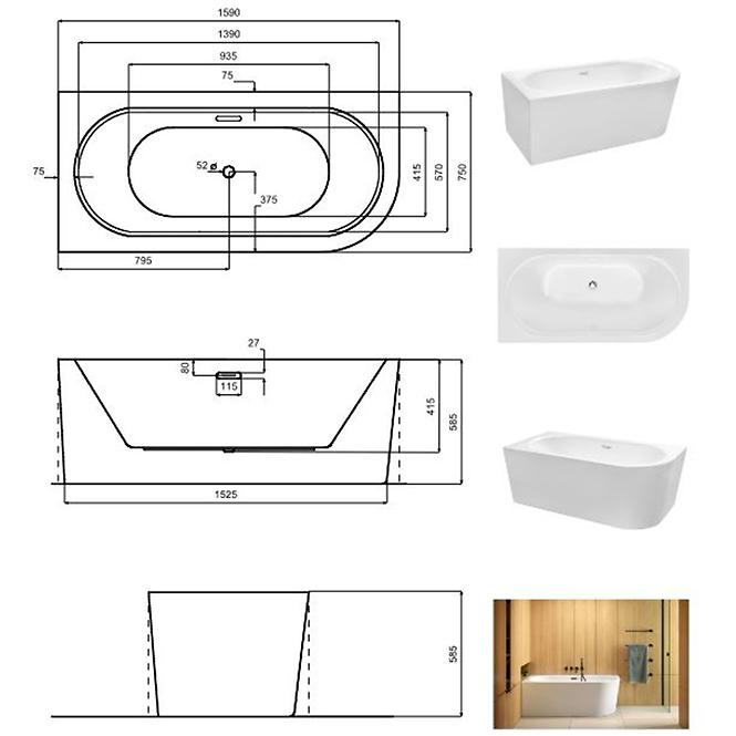Voľne stojaca vaňa prístenná Avita A-Line 160L + sifón klik-klak chróm
