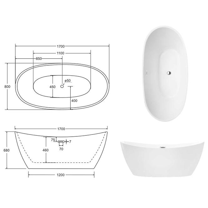 Voľne stojaca vaňa Ayla 170/80 + sifón klik-klak s prepadom zlatá,4