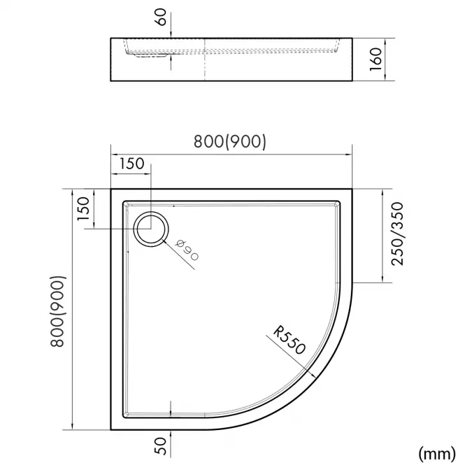 Vanička polokrúhla Astrix 90x90x16 čierna štruktúra AQM4734CST,2