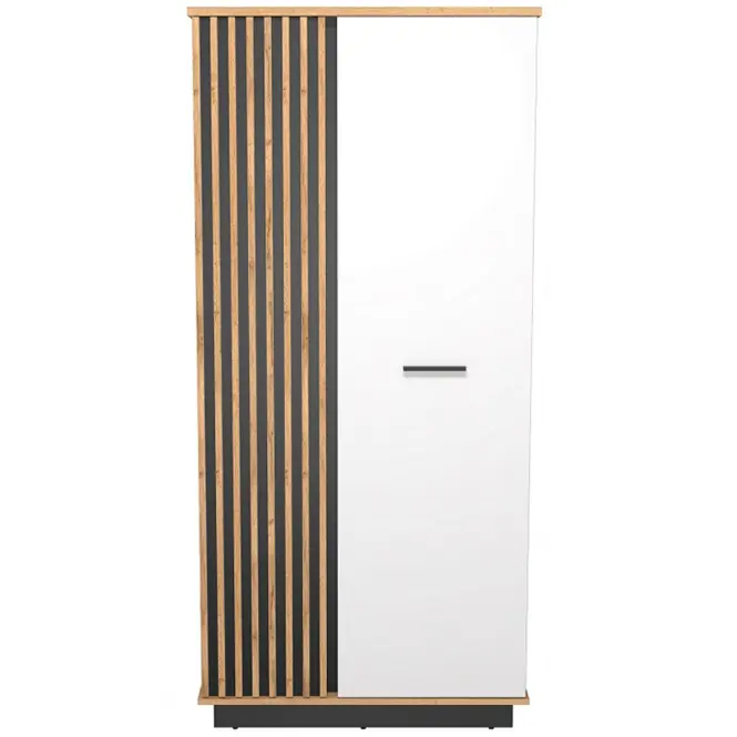 Skriňa Santi 90 cm – dub Wotan/čierna/biela, dvojdverová, lamely,3