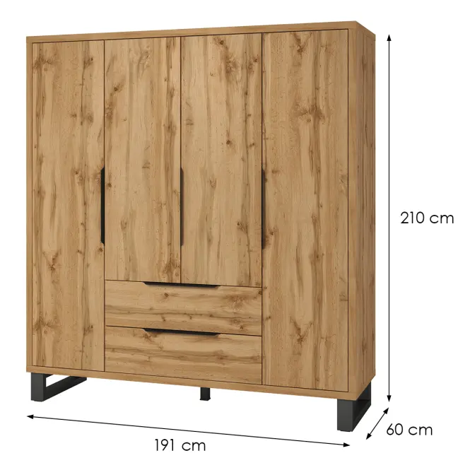 Skriňa Halle S 191 cm – dub Wotan, trojdverová, zásuvky,2