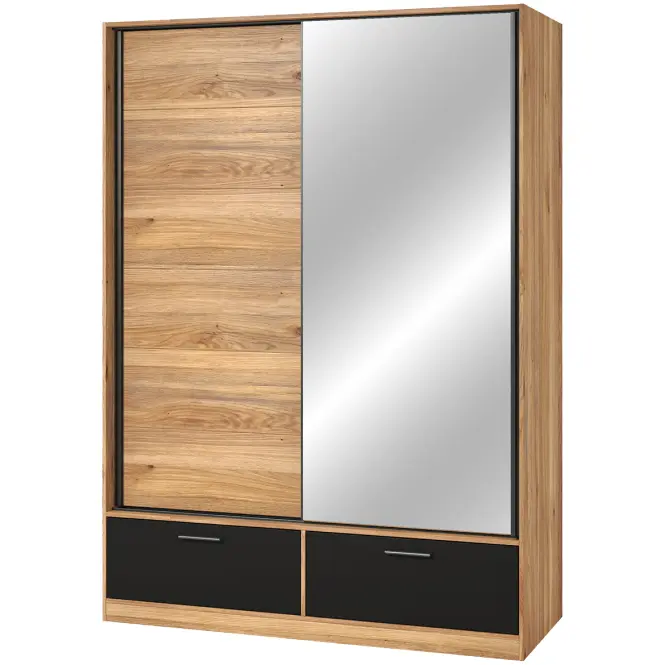 Skriňa s posuvnými dverami 2d2s Beta 61 150 cm so zrkadlom -  dub Mauvella/čierna, dvojdverová, zásuvky