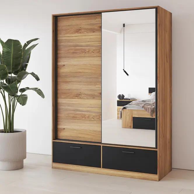 Skriňa s posuvnými dverami 2d2s Beta 61 150 cm so zrkadlom -  dub Mauvella/čierna, dvojdverová, zásuvky