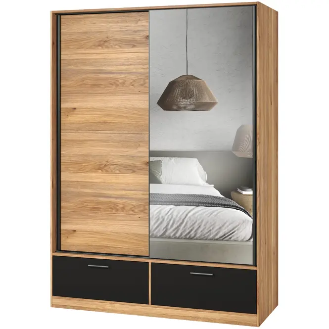 Skriňa s posuvnými dverami 2d2s Beta 61 150 cm so zrkadlom -  dub Mauvella/čierna, dvojdverová, zásuvky
