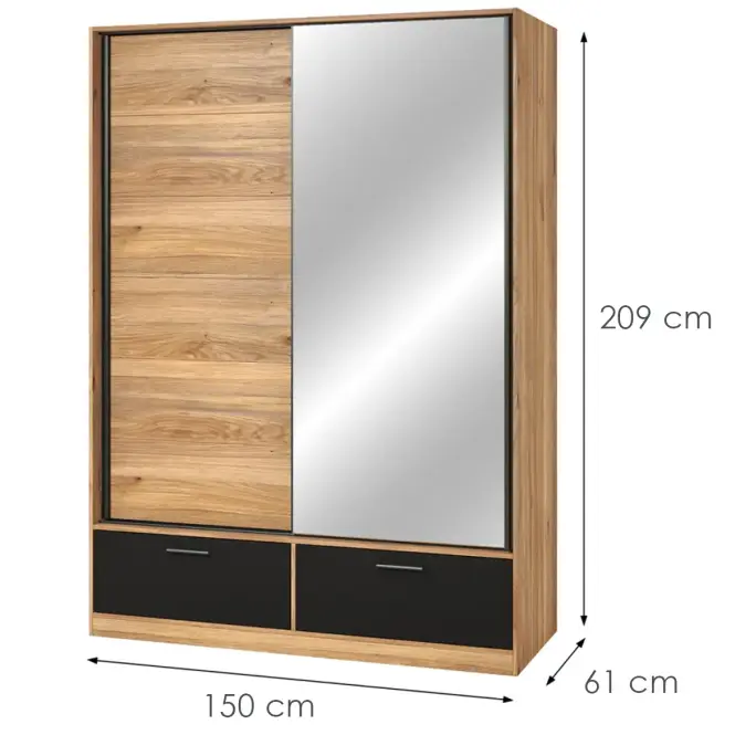 Skriňa s posuvnými dverami 2d2s Beta 61 150 cm so zrkadlom -  dub Mauvella/čierna, dvojdverová, zásuvky
