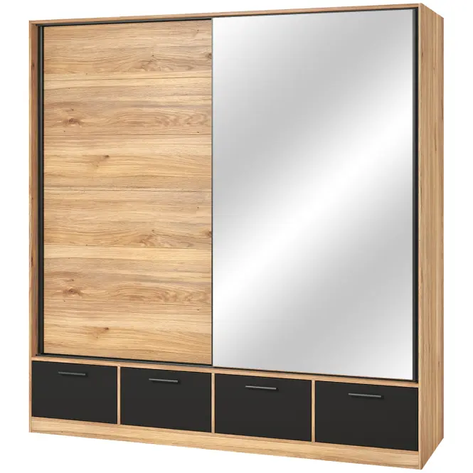 Skriňa s posuvnými dverami 2d4s Beta 63 200 cm so zrkadlom dub Mauvella/čierna, dvojdverová, zásuvky