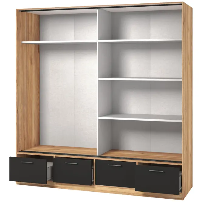 Skriňa s posuvnými dverami 2d4s Beta 63 200 cm so zrkadlom dub Mauvella/čierna, dvojdverová, zásuvky,3