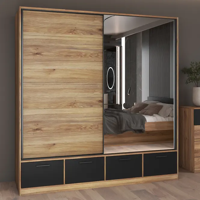 Skriňa s posuvnými dverami 2d4s Beta 63 200 cm so zrkadlom dub Mauvella/čierna, dvojdverová, zásuvky,4
