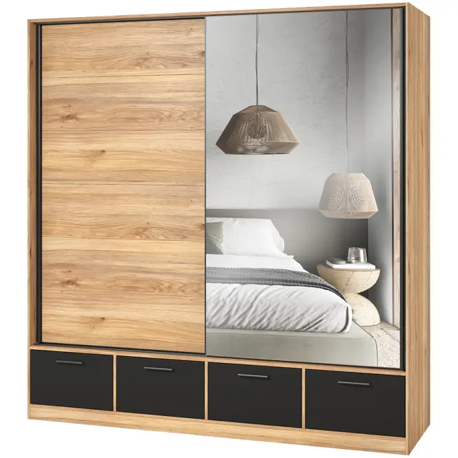 Skriňa s posuvnými dverami 2d4s Beta 63 200 cm so zrkadlom dub Mauvella/čierna, dvojdverová, zásuvky,6