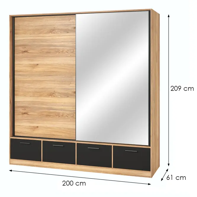 Skriňa s posuvnými dverami 2d4s Beta 63 200 cm so zrkadlom dub Mauvella/čierna, dvojdverová, zásuvky,2