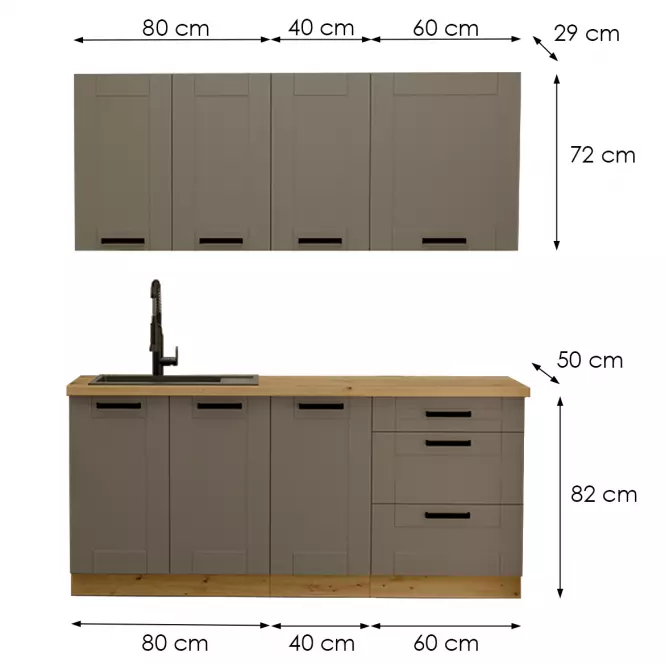 Kuchynská linka Luna Dustgrey/Artisan 180cm bez pracovnej dosky 