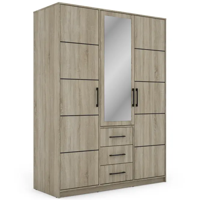 Skriňa Bollate 3 150 cm so zrkadlom – sonoma, trojdverová, zásuvky