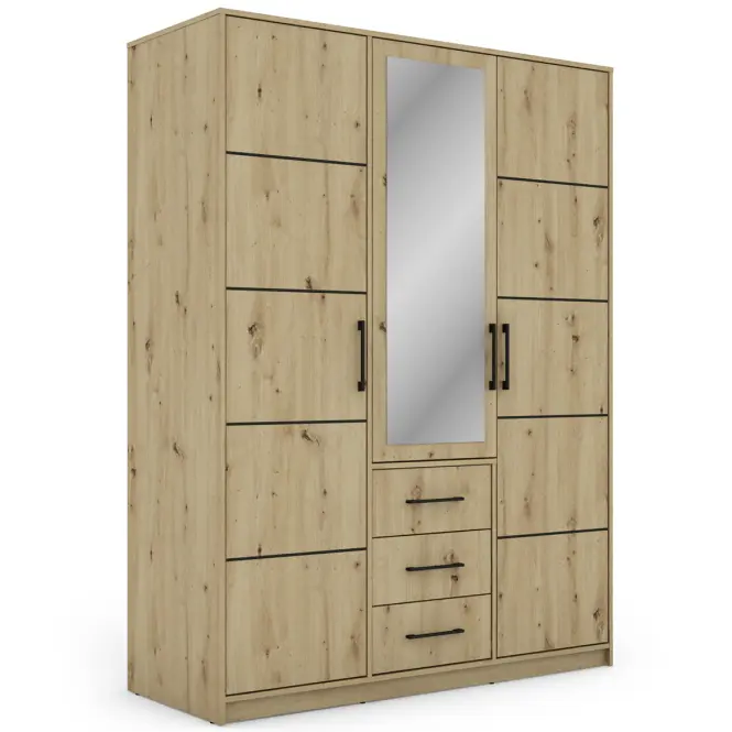 Skriňa Bollate 3 150 cm so zrkadlom – artisan, trojdverová, zásuvky