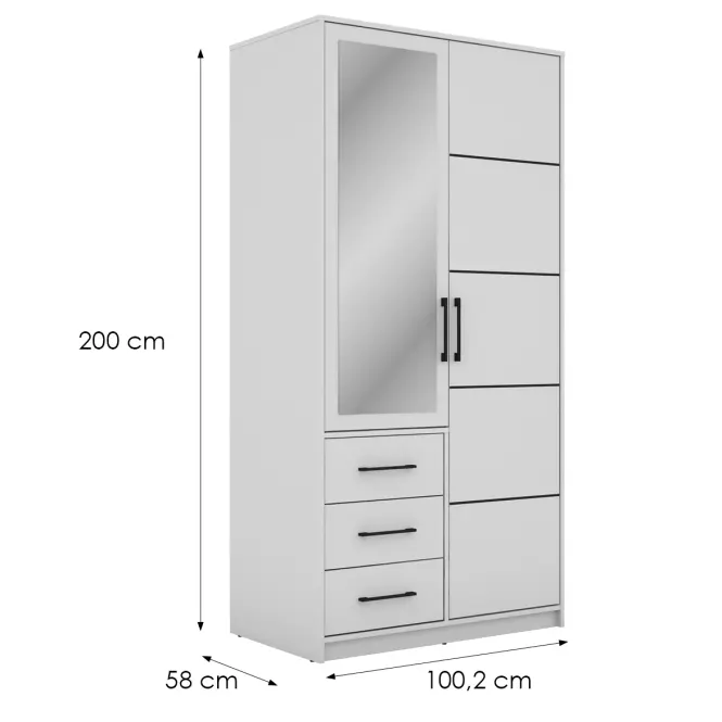 Skriňa Bollate 2 100 cm so zrkadlom – biela, dvojdverová, zásuvky