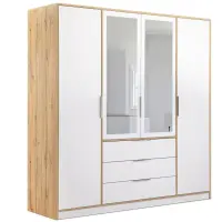 Skriňa Duarte D4 196 cm so zrkadlom – biela/dub wotan, štvordverová, zásuvky