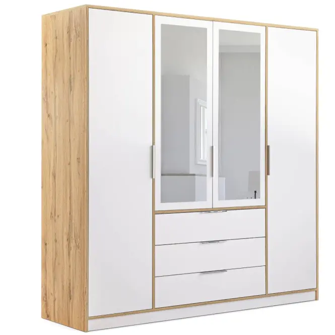 Skriňa Duarte D4 196 cm so zrkadlom – biela/dub wotan, štvordverová, zásuvky