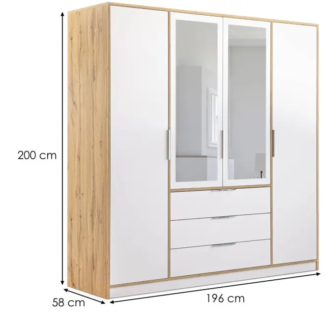 Skriňa Duarte D4 196 cm so zrkadlom – biela/dub wotan, štvordverová, zásuvky