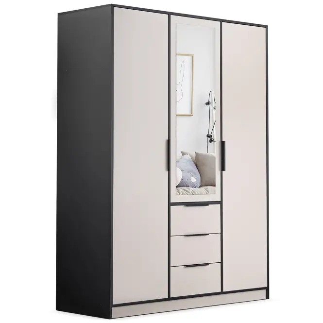 Skriňa Duarte D3 149 cm so zrkadlom – kašmír/čierna, trojdverová, zásuvky