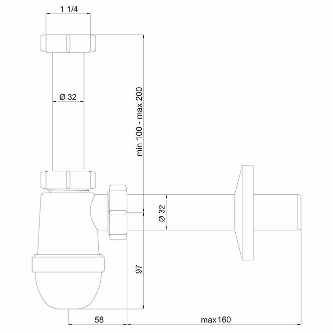 Umývadlový fľaškový sifón Ø 32 mm  bez odtoku 1323