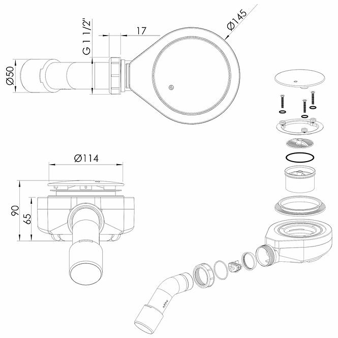 Sifón pre sprchovú vaničku Ø 90 mm čistený zhora chróm/mat čierny 2611