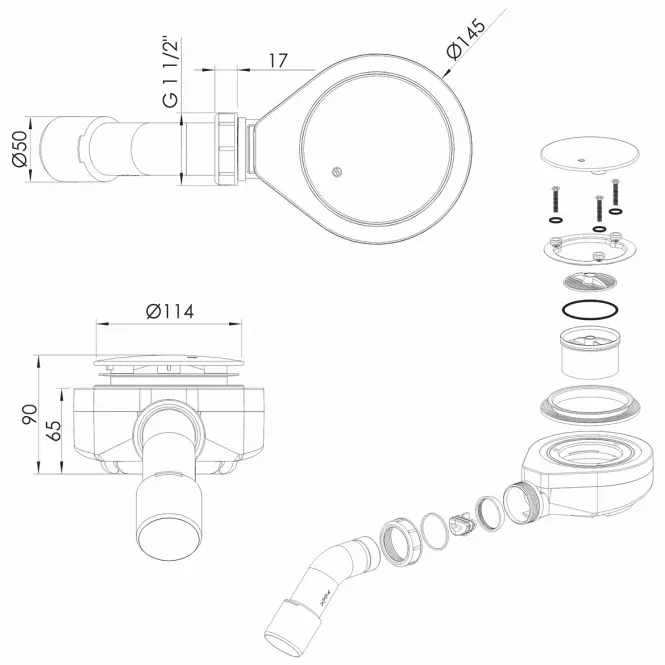 Sifón pre sprchovú vaničku Ø 90 mm čistený zhora chróm/mat čierny 2611,2