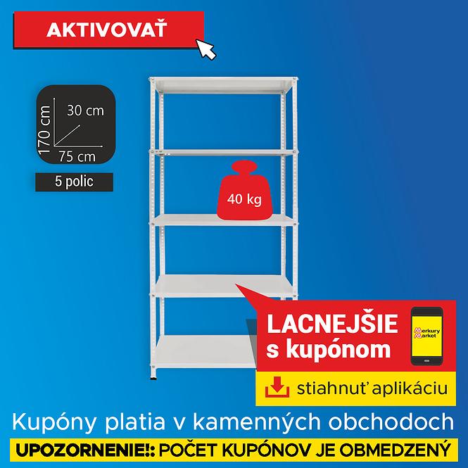 Skladový kovový regál biela 170x75x30 cm – 5 políc/40 kg (K)