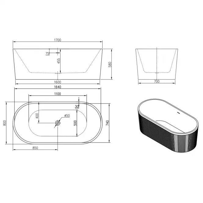 Voľne stojaca vaňa Lux Black 170x80x58