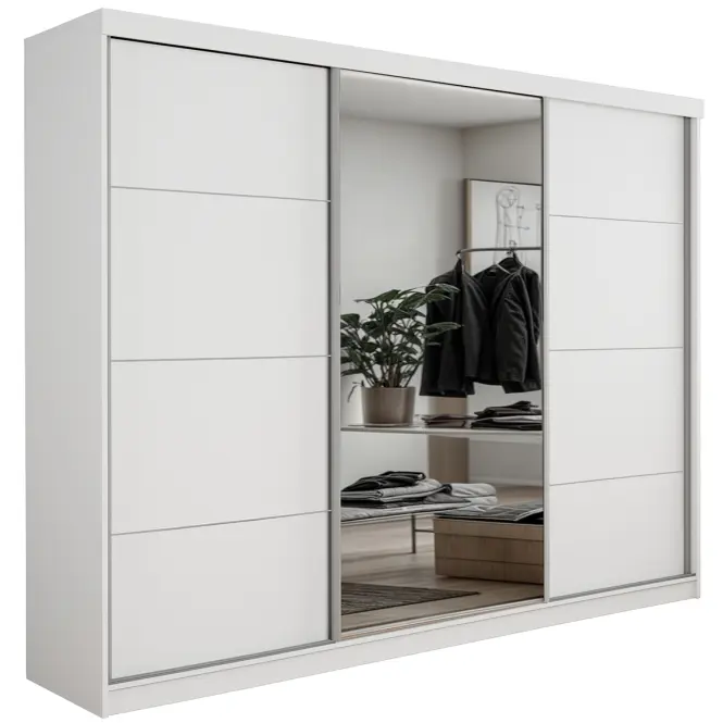 Skriňa s posuvnými dverami Palermo 250 cm so zrkadlom – biela, trojdverová