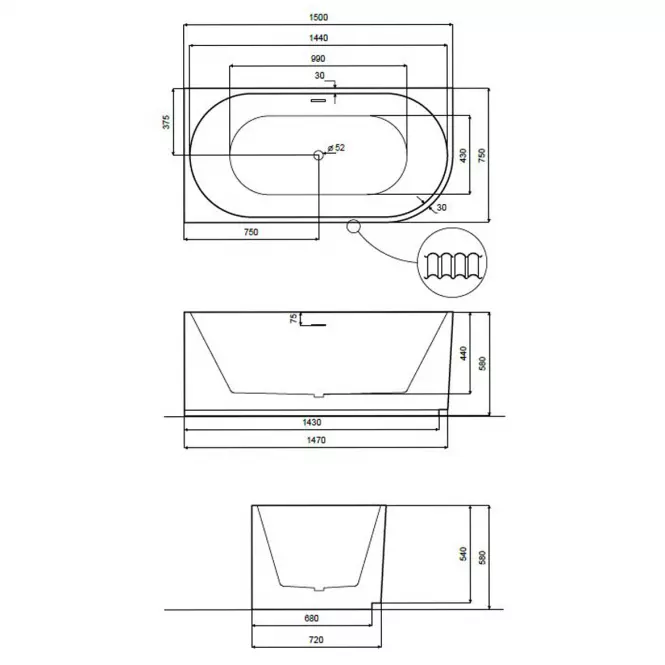 Voľne stojaca rohová  vaňa Denaya 150/75 Ľ + sifón čierny,4