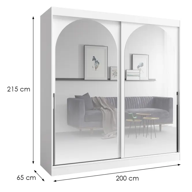 Skriňa s posuvnými dverami Modin 200 cm so zrkadlom - biela, dvojdverová