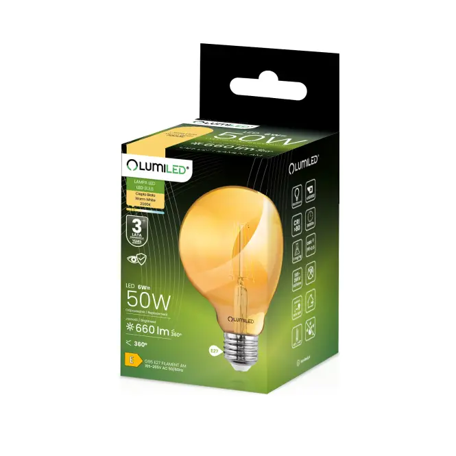 Žiarovka LED G95 filament 6W E27 660LM 2000K A,2